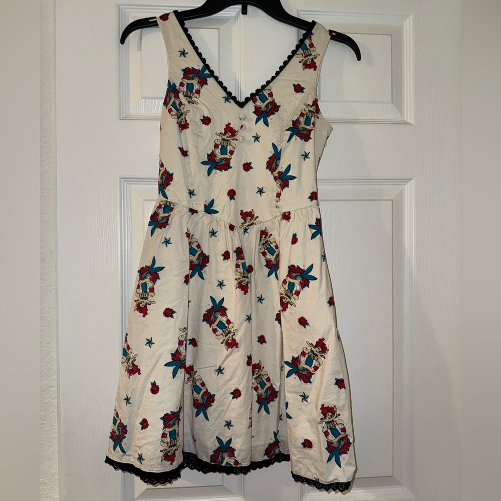 Hot Topic Cream Dress with Red and Blue Tattoo Print